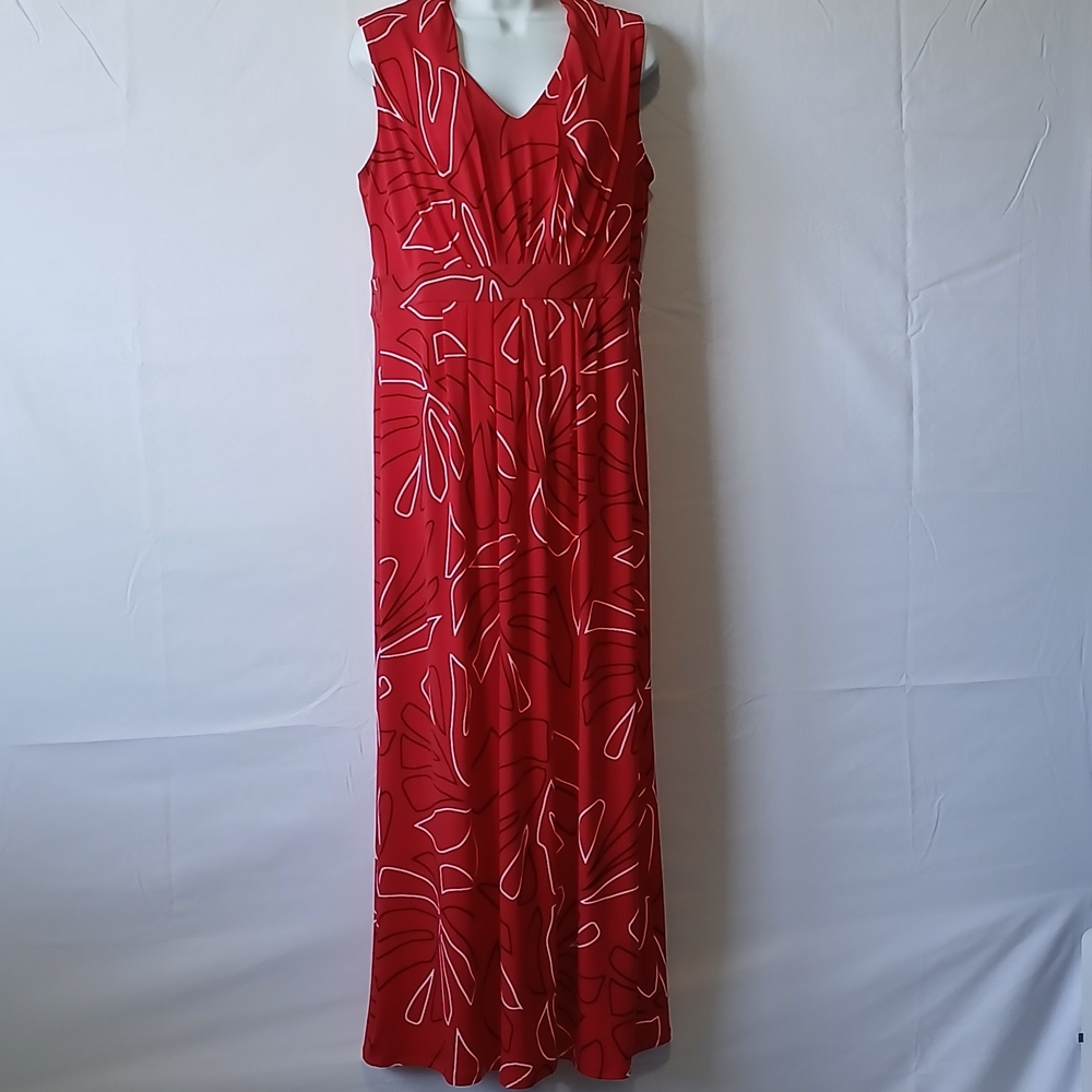 Chico's Red White Maxi Dress V Neck Pleats Sz1 Office Career Casual Party Travel